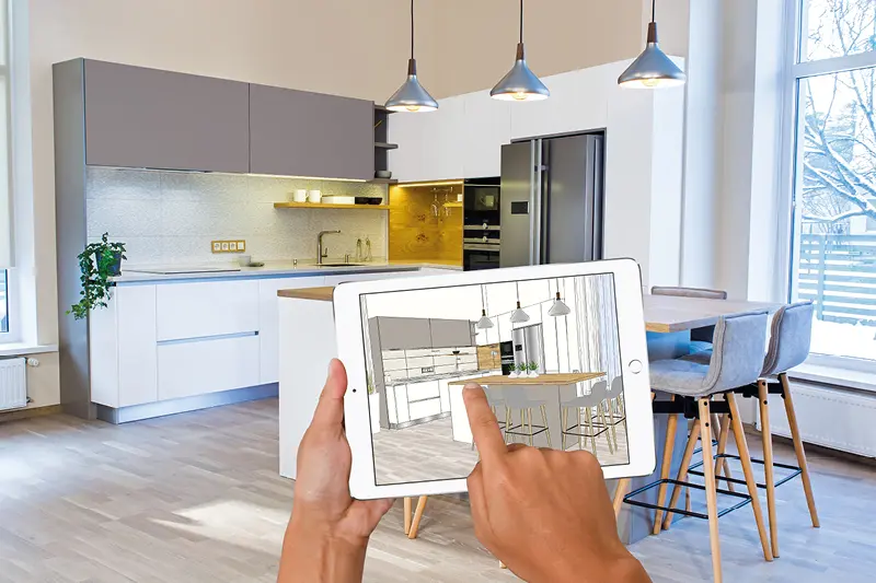 Moderne Küchenplanung per Tablet mit 3D-Visualisierung. Digitale Küchendesigns ermöglichen individuelle Planung und realistische Vorschau auf maßgeschneiderte Einbauküchen.